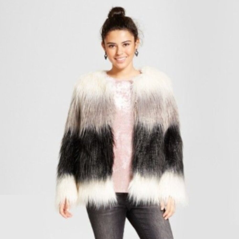 Xhilaration Ombre Shaggy Faux Fur Coat Faux Alpaca Coat Black Gray Off-White
